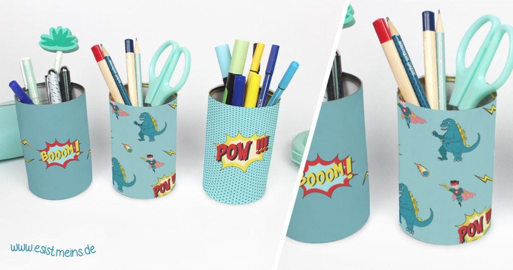 Recyceln Sie Ihre Konservendoesen und basteln Sie Stiftehalter mit Comicmotiven, um den Schreibtisch Ihrer Kinder aufzuräumen!